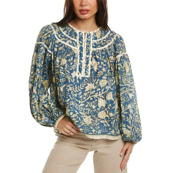 Ulla Johnson Kirana Lanai Printed Boho Blouse Blue Tan Floral - Picture 1 of 5